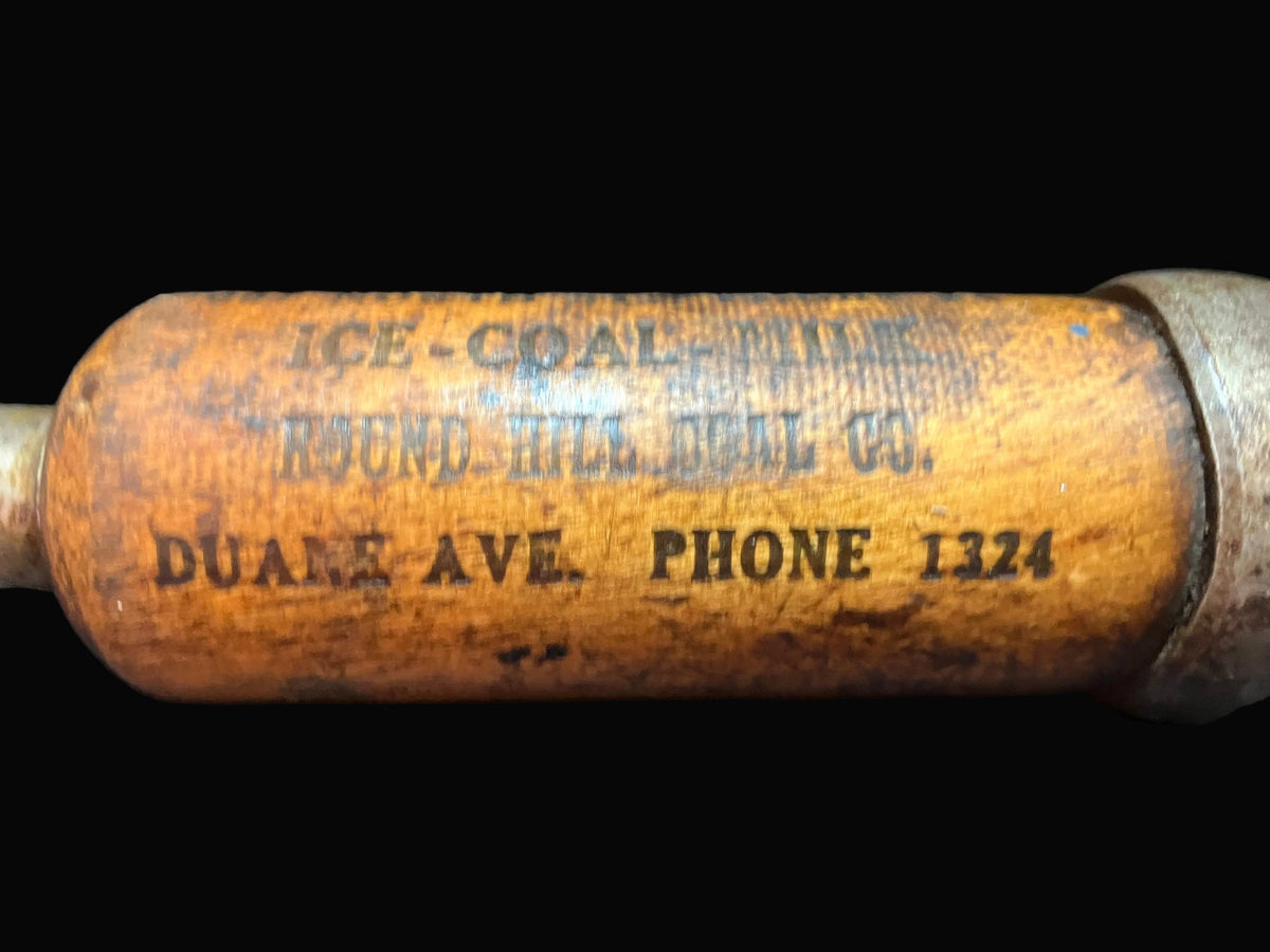Vintage Advertising Ice Pick Round Hill Coal Co Magic City Ice Milk Co Endicott NY Primitive Wooden Handle Antique Americana Tool