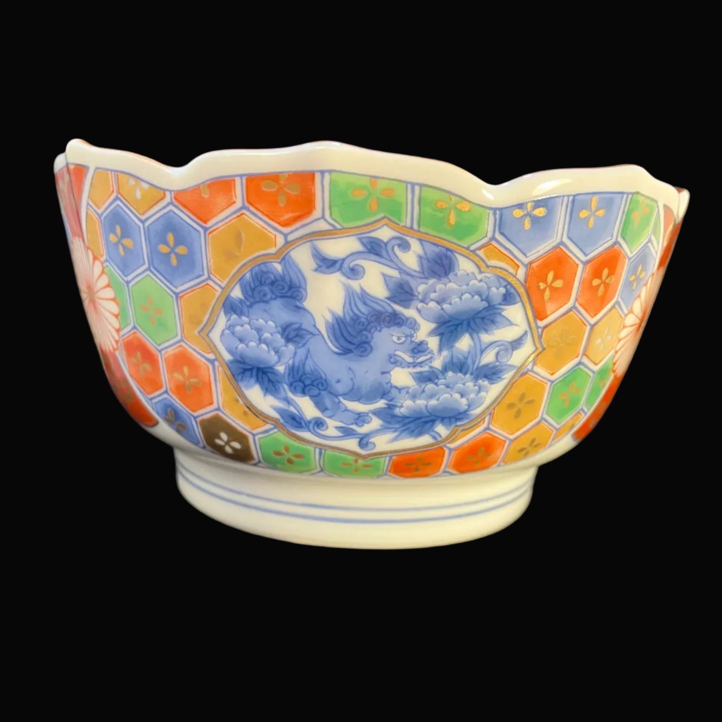 Vintage Imari Style Bowl, Japanese Porcelain Rice Bowl, Shishi Lion Dog Floral Design, Mid Century Japan, Kozan Gama Scalloped Bowl