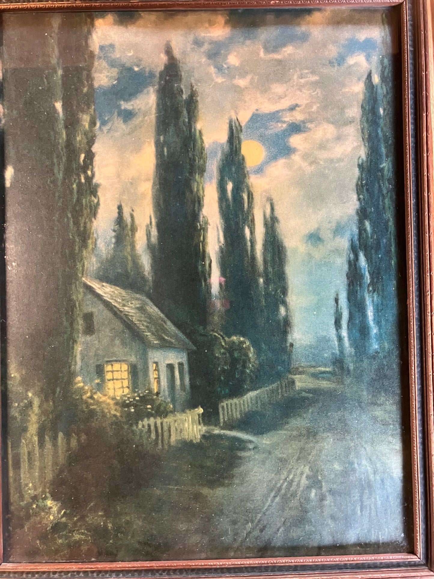 Vintage Framed Cottage Print – Moonlit Landscape – R. Atkinson Fox Style