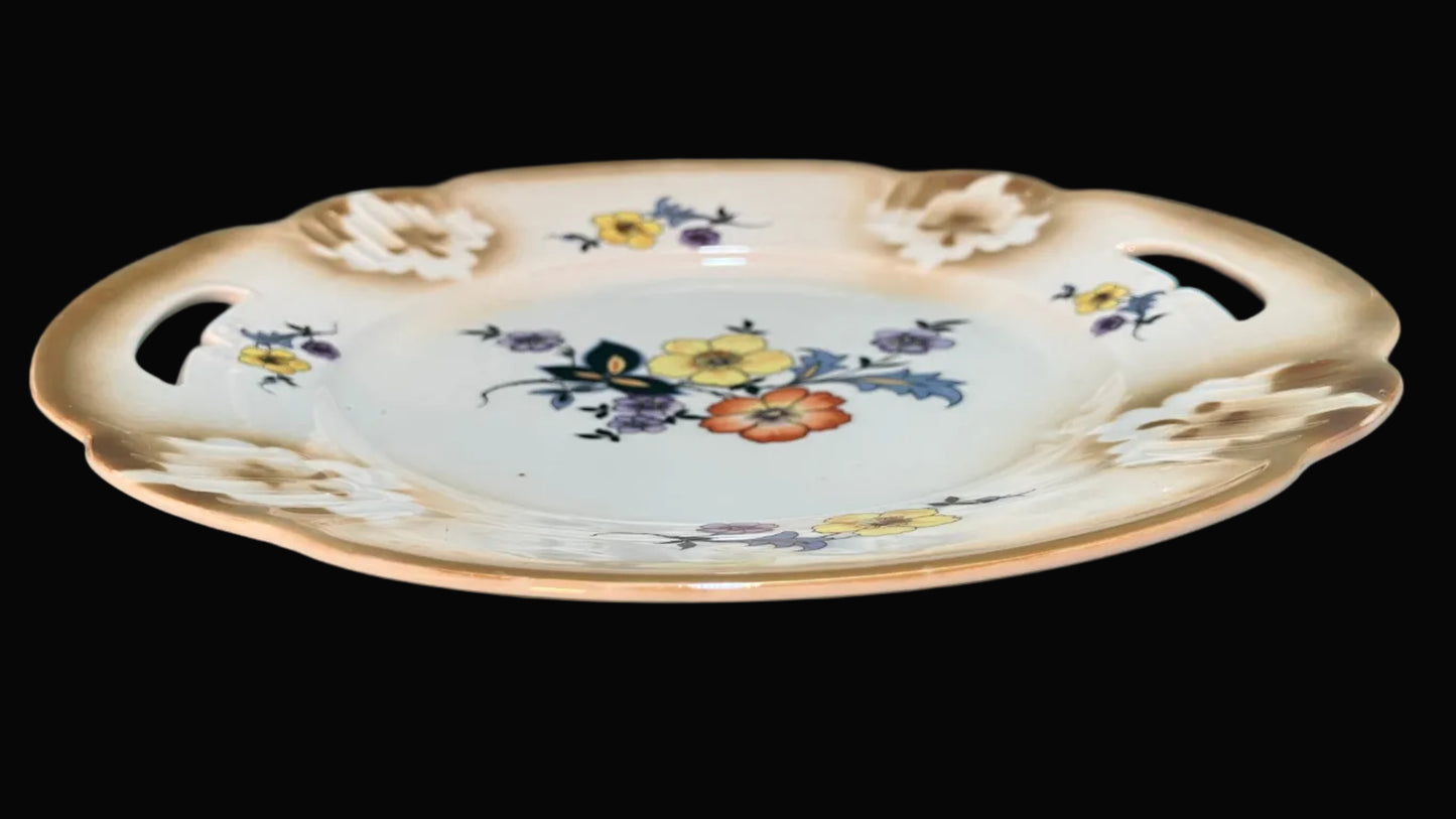 Vintage German Porcelain Dessert Plate with Handles – Antique Floral Serving Plate