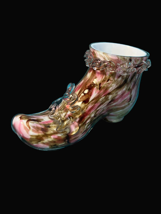 Bohemian glass shoe in pink and brown splatter glass