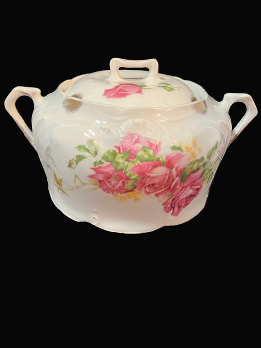 Antique porcelain oversized sugar bowl and lid with beautiful rose design. 