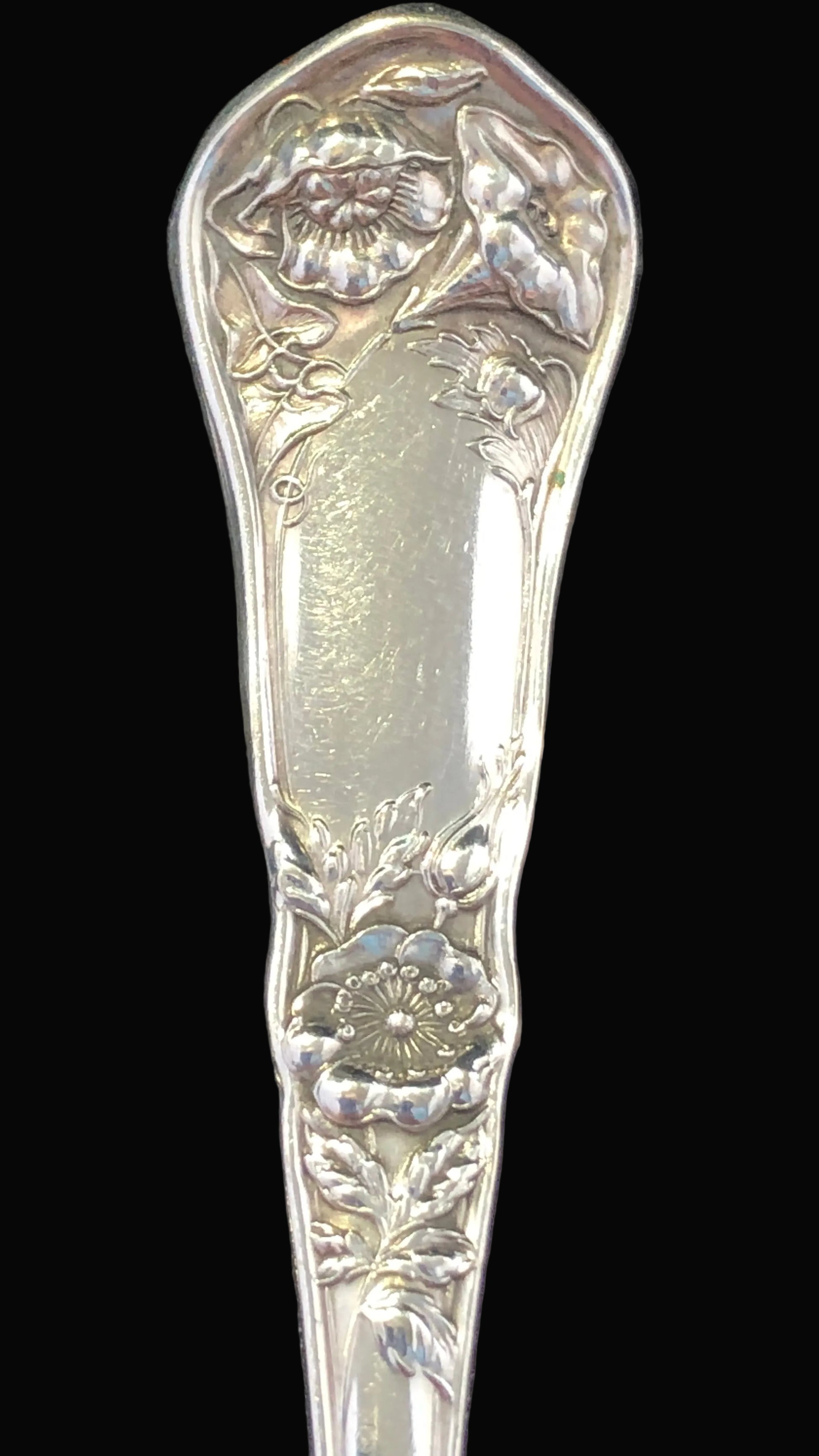 Decorative silverplate spoon with intricate designs on a dark background