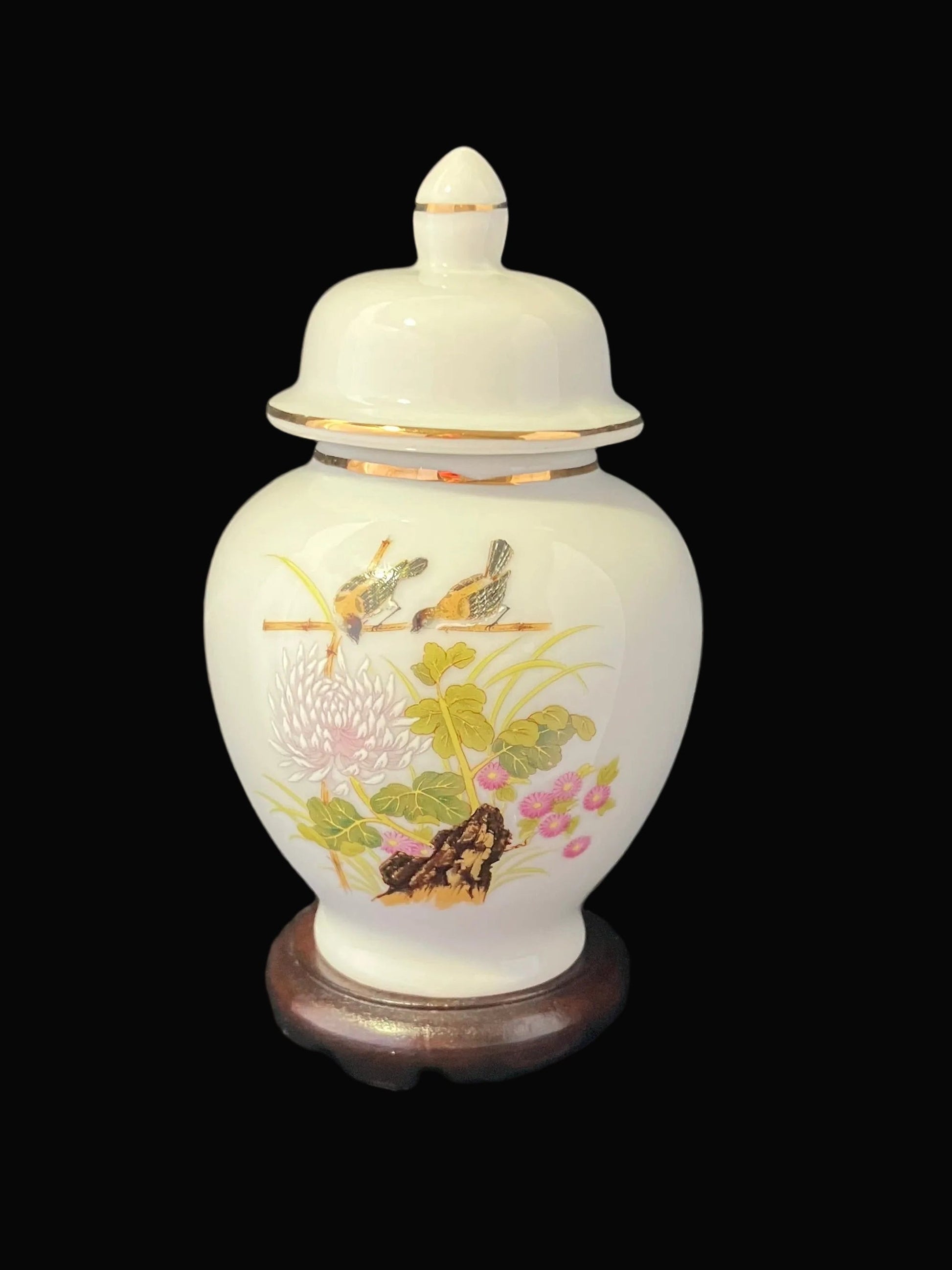  Vintage mini ginger jar with bird and flower design