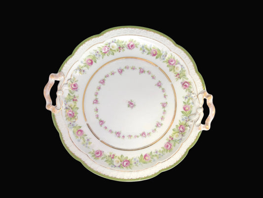 Antique Rosenthal RC Carmen Bavaria Cake Plate, Green & Roses Porcelain Serving Plate