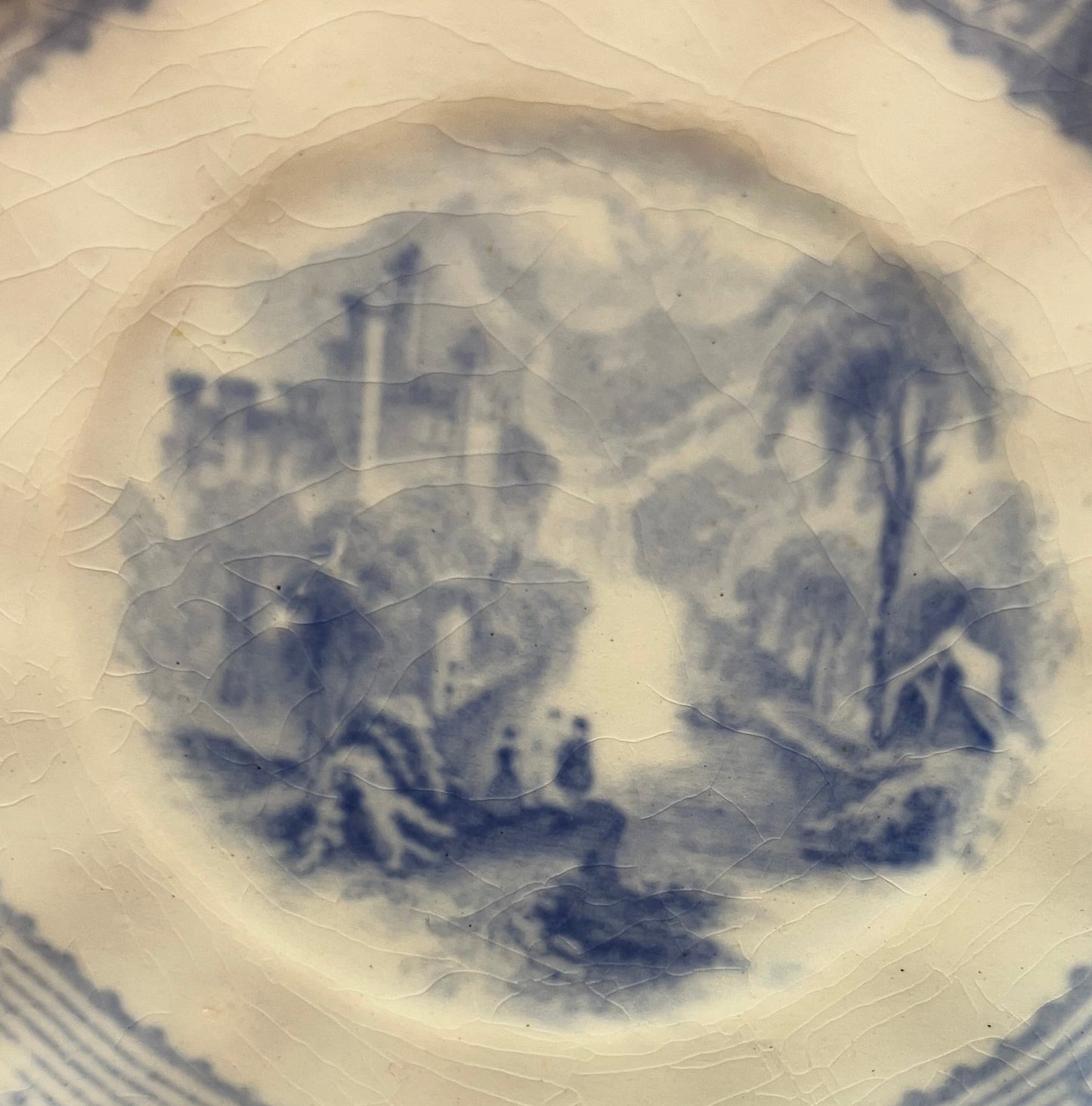 Antique Ontario Lake Pattern Porcelain Saucers – Set of 2 – Blue & White Transferware – Mid-1800s