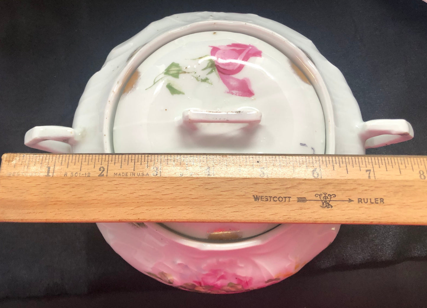 Antique Victorian Sugar Bowl with Lid – German Style Porcelain – Rose Floral Design