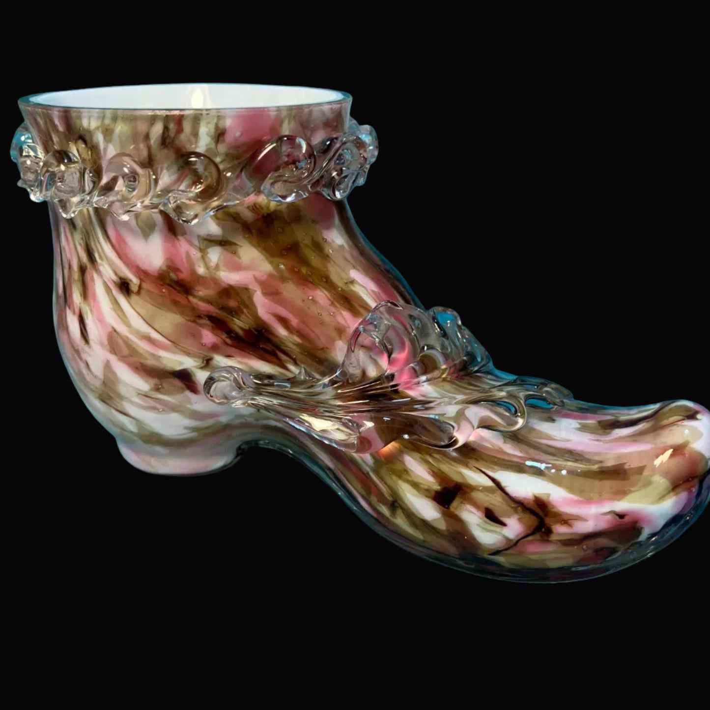 Bohemian glass shoe in pink, brown, and white splatter glass
