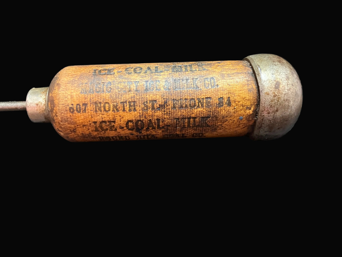 Vintage Advertising Ice Pick Round Hill Coal Co Magic City Ice Milk Co Endicott NY Primitive Wooden Handle Antique Americana Tool