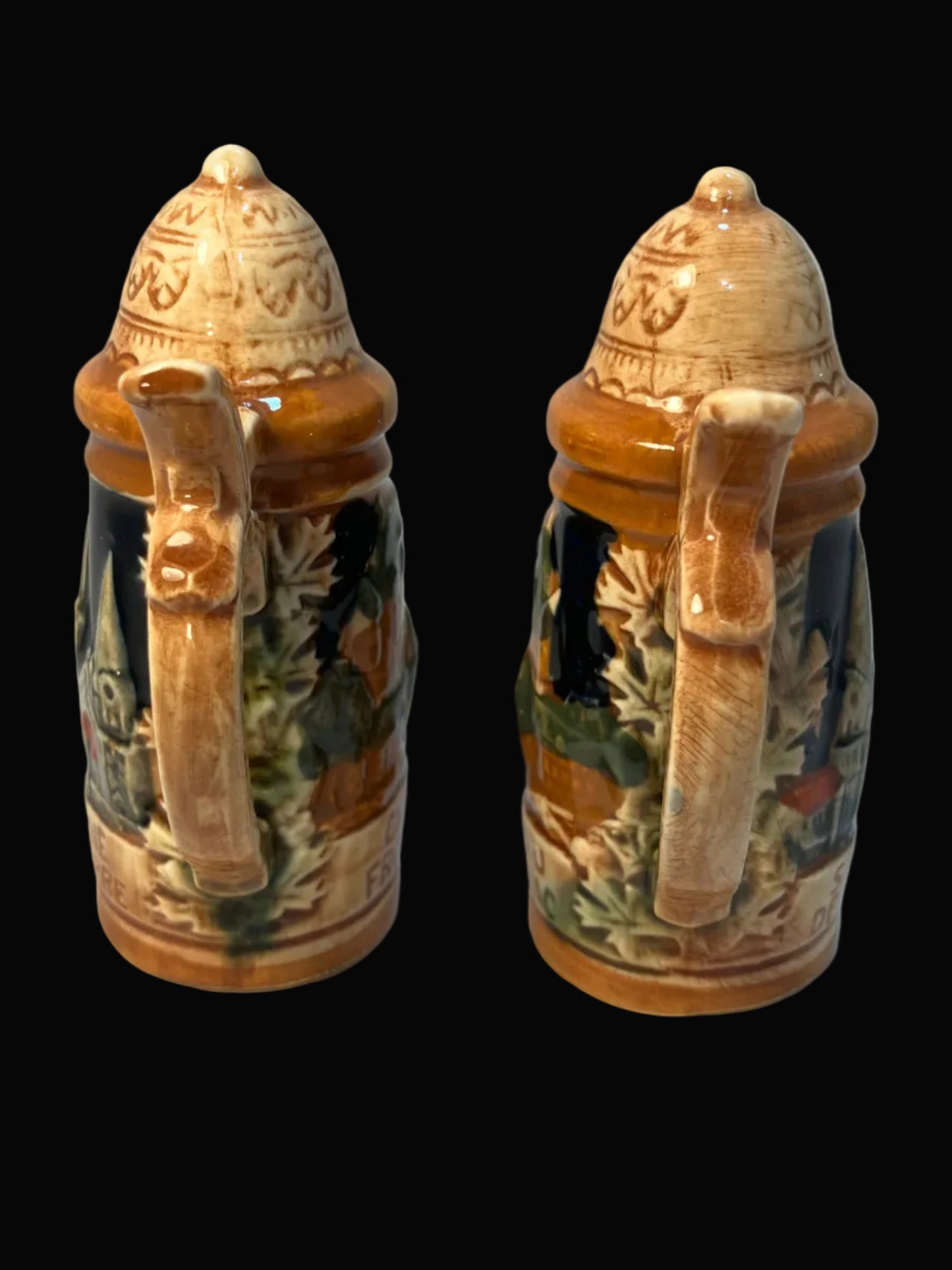 Vintage Sanyo Japan Chateau Frontenac Salt and Pepper Shakers, German Beer Stein Shape, Ceramic Souvenir Set, Mid Century Kitchen Decor