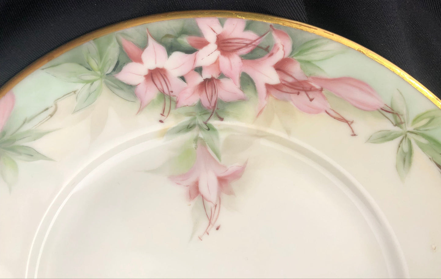 Fuchsia-style flowers and mint green foliage on a Hutschenreuther plate