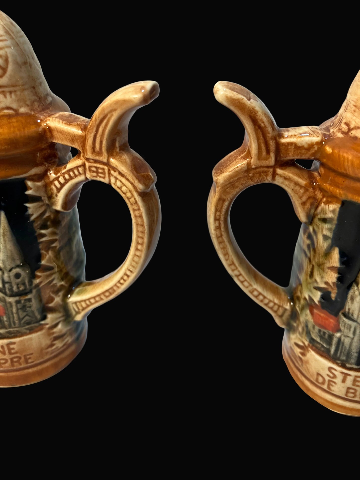 Vintage Sanyo Japan Chateau Frontenac Salt and Pepper Shakers, German Beer Stein Shape, Ceramic Souvenir Set, Mid Century Kitchen Decor
