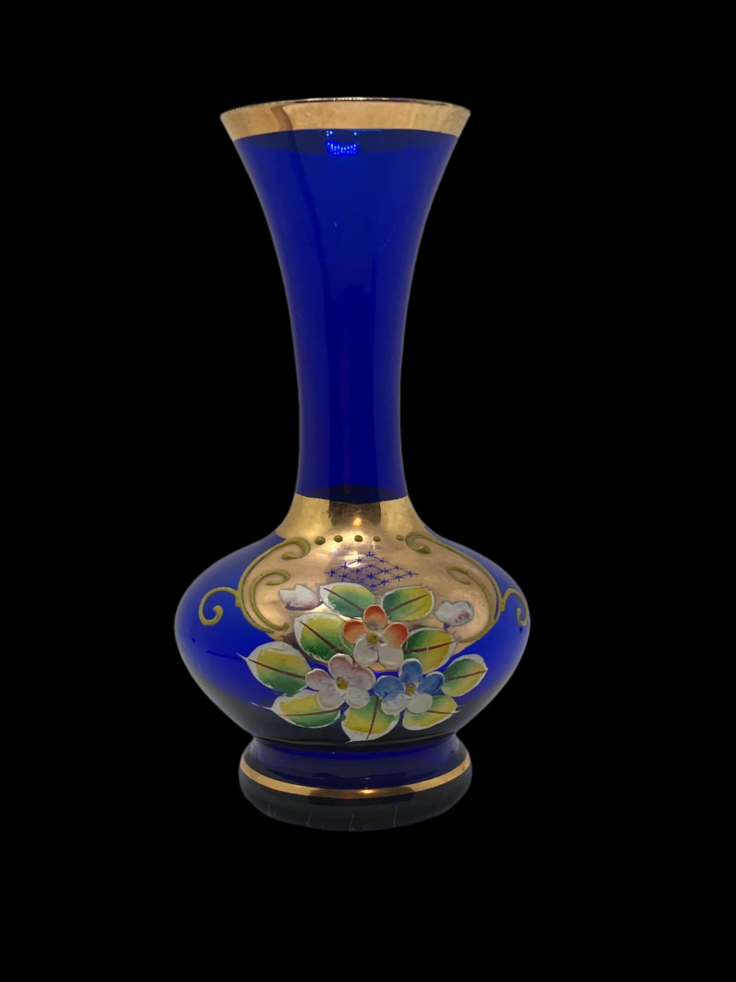 Vintage Bohemian Cobalt Blue Glass Bud Vase with Flowers