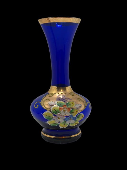 Vintage Bohemian Cobalt Blue Glass Bud Vase with Flowers