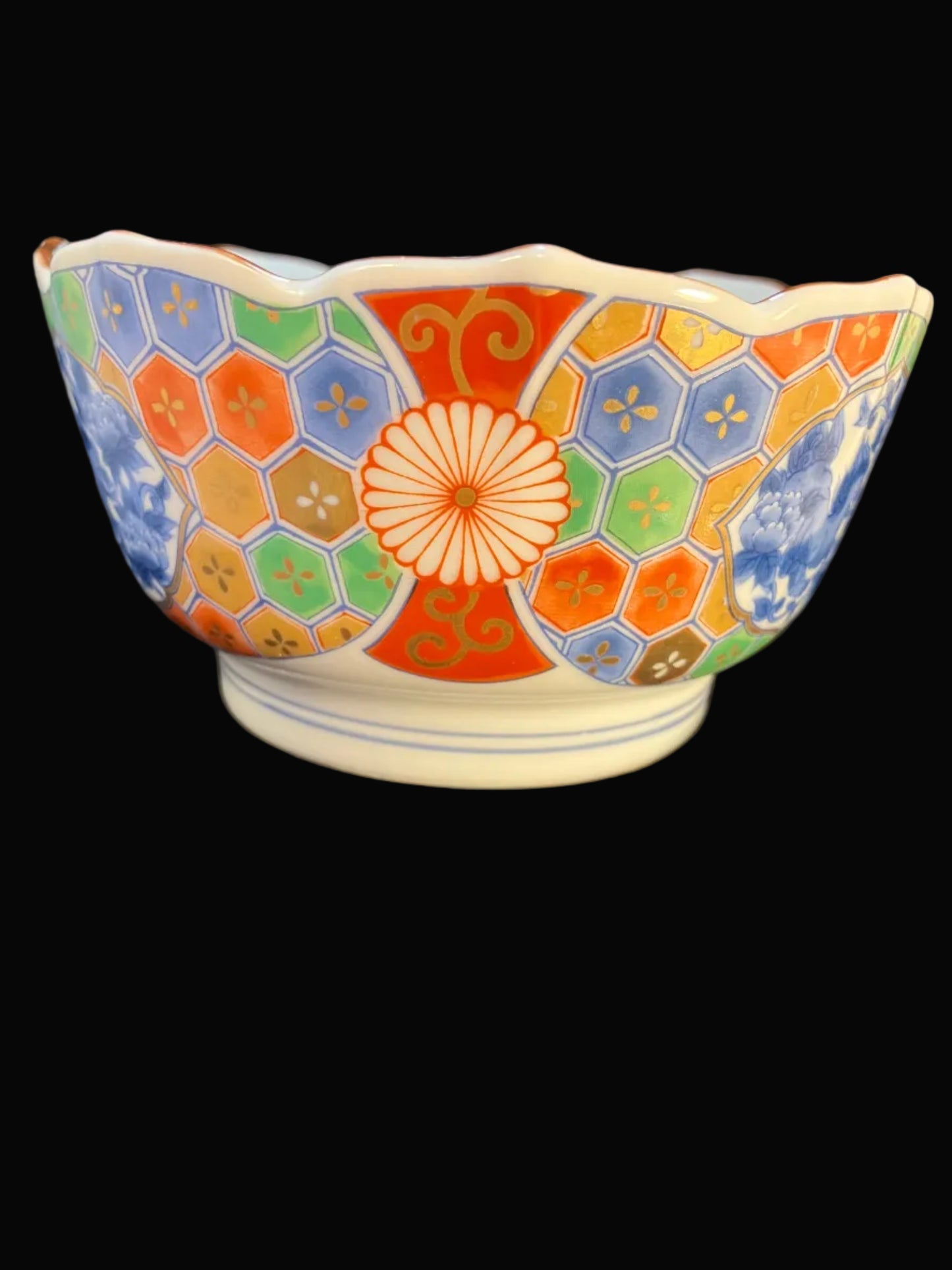 Vintage Imari Style Bowl, Japanese Porcelain Rice Bowl, Shishi Lion Dog Floral Design, Mid Century Japan, Kozan Gama Scalloped Bowl