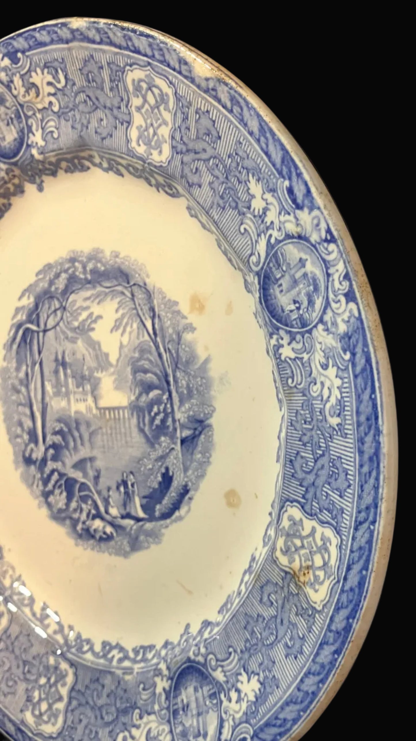Antique E. Challinor Panama Dinner Plate – 1850s Ironstone – Blue & White Transferware
