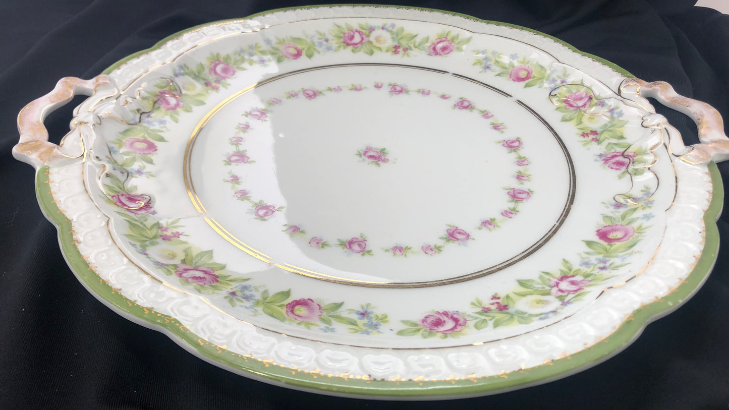 Antique Rosenthal RC Carmen Bavaria Cake Plate, Green & Roses Porcelain Serving Plate