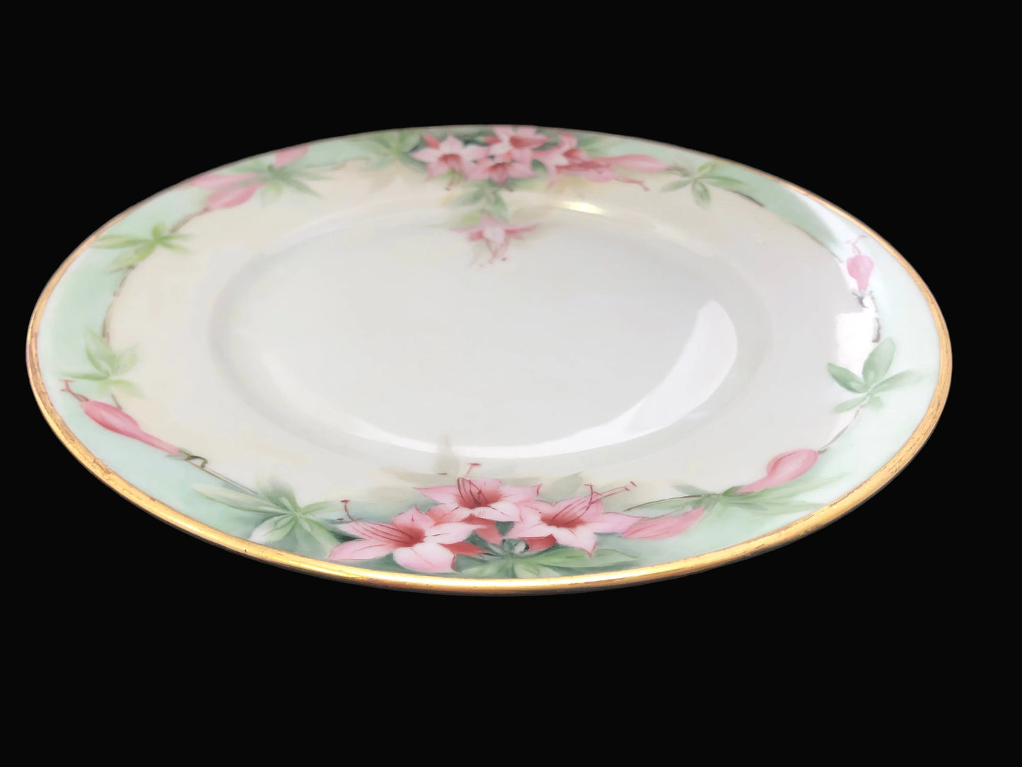Decorative ceramic plate with floral patterns on a dark fabric background