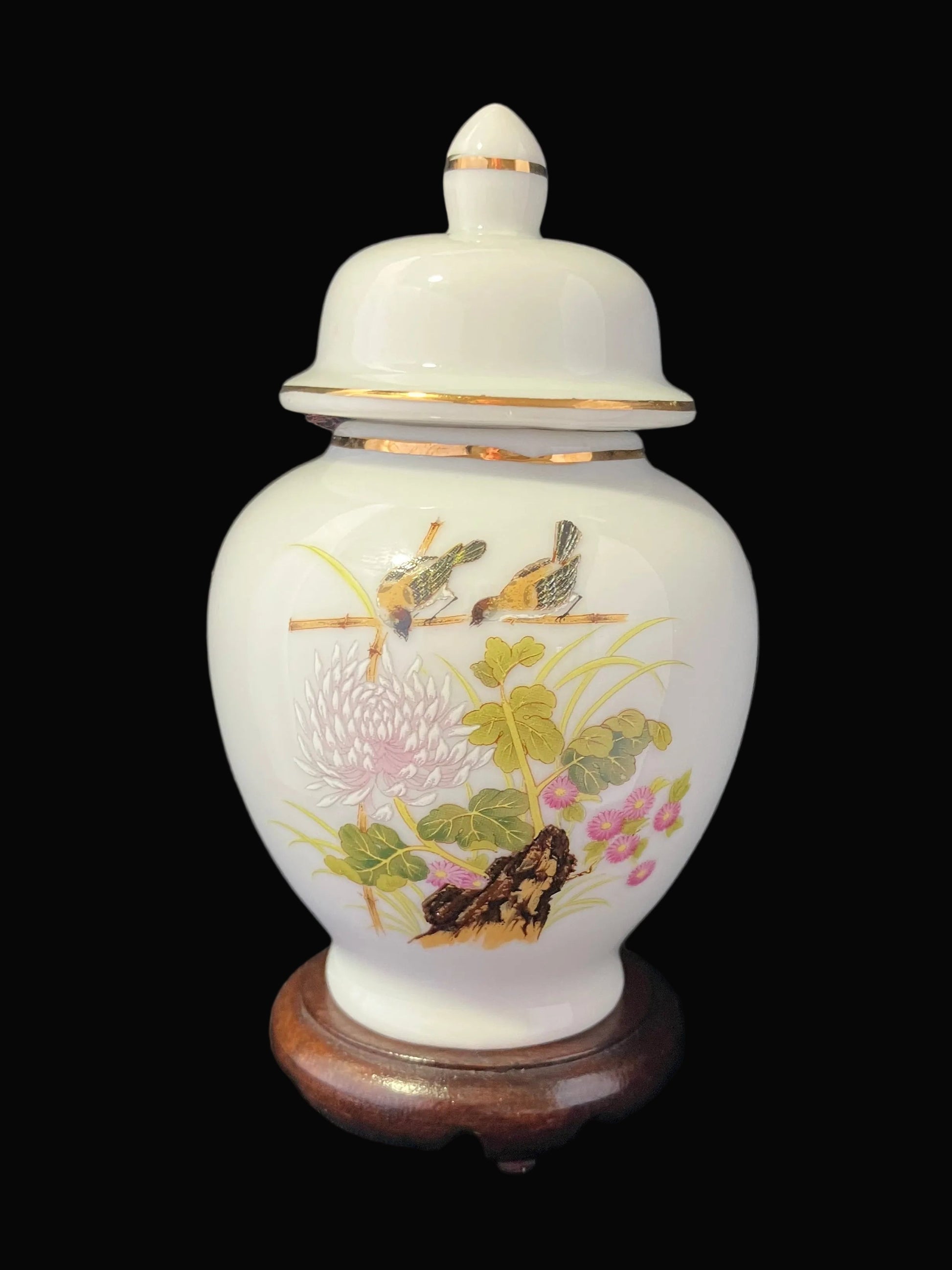  Vintage mini ginger jar with bird and flower design on wooden base