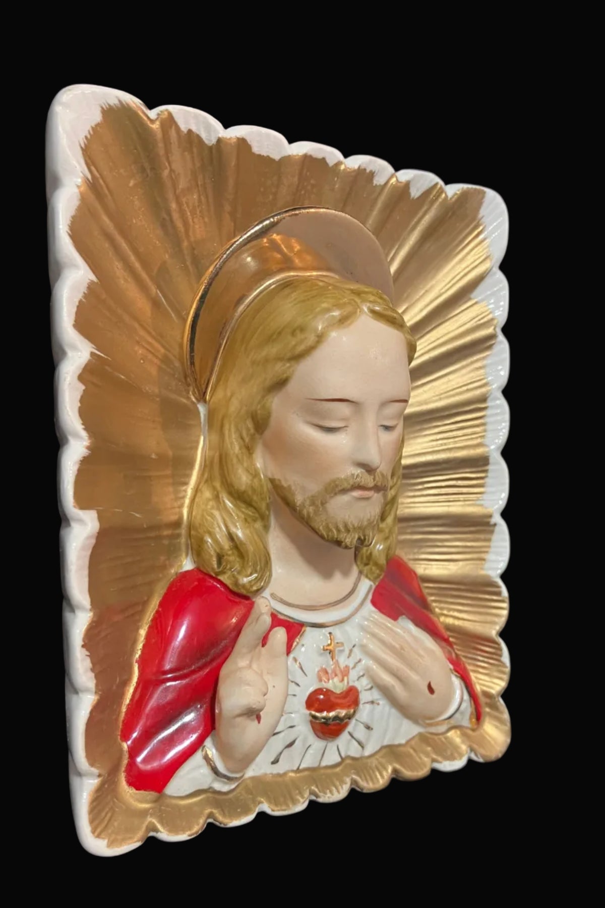 Vintage Sacred Heart of Jesus Wall Plaque – Catholic Religious Art – 1950s-60s Japan Ceramic