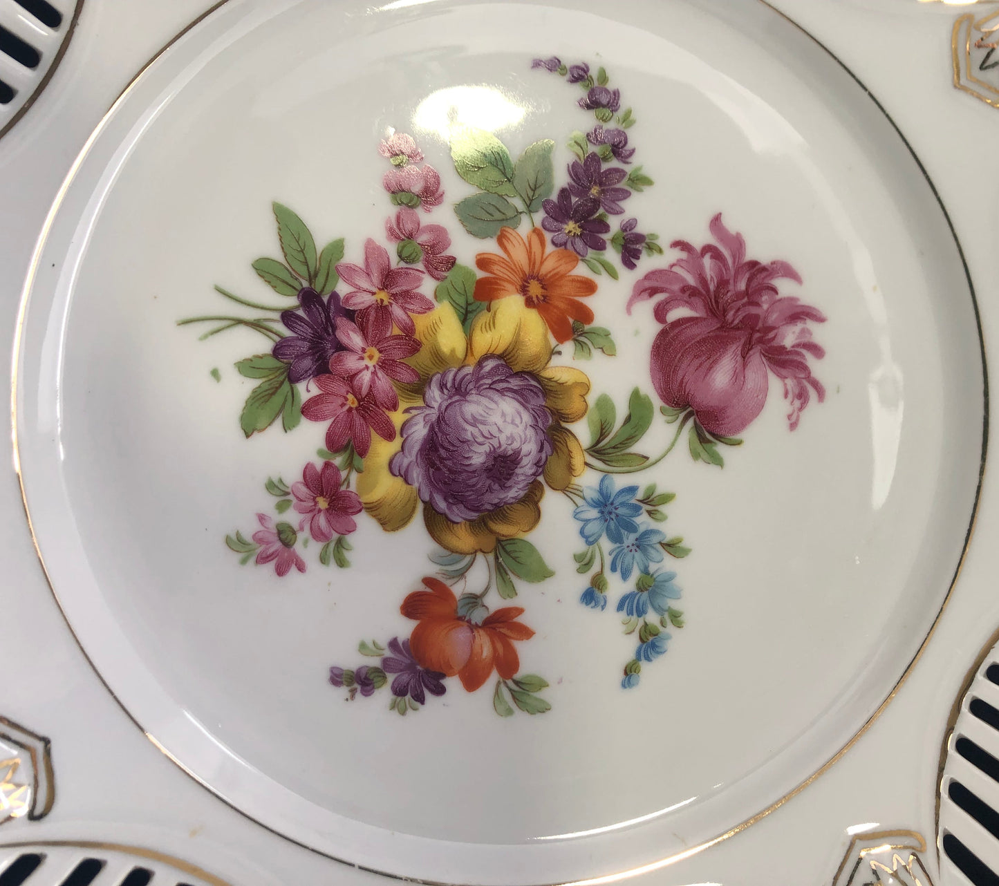 Antique German reticulated plate with floral bouquet design