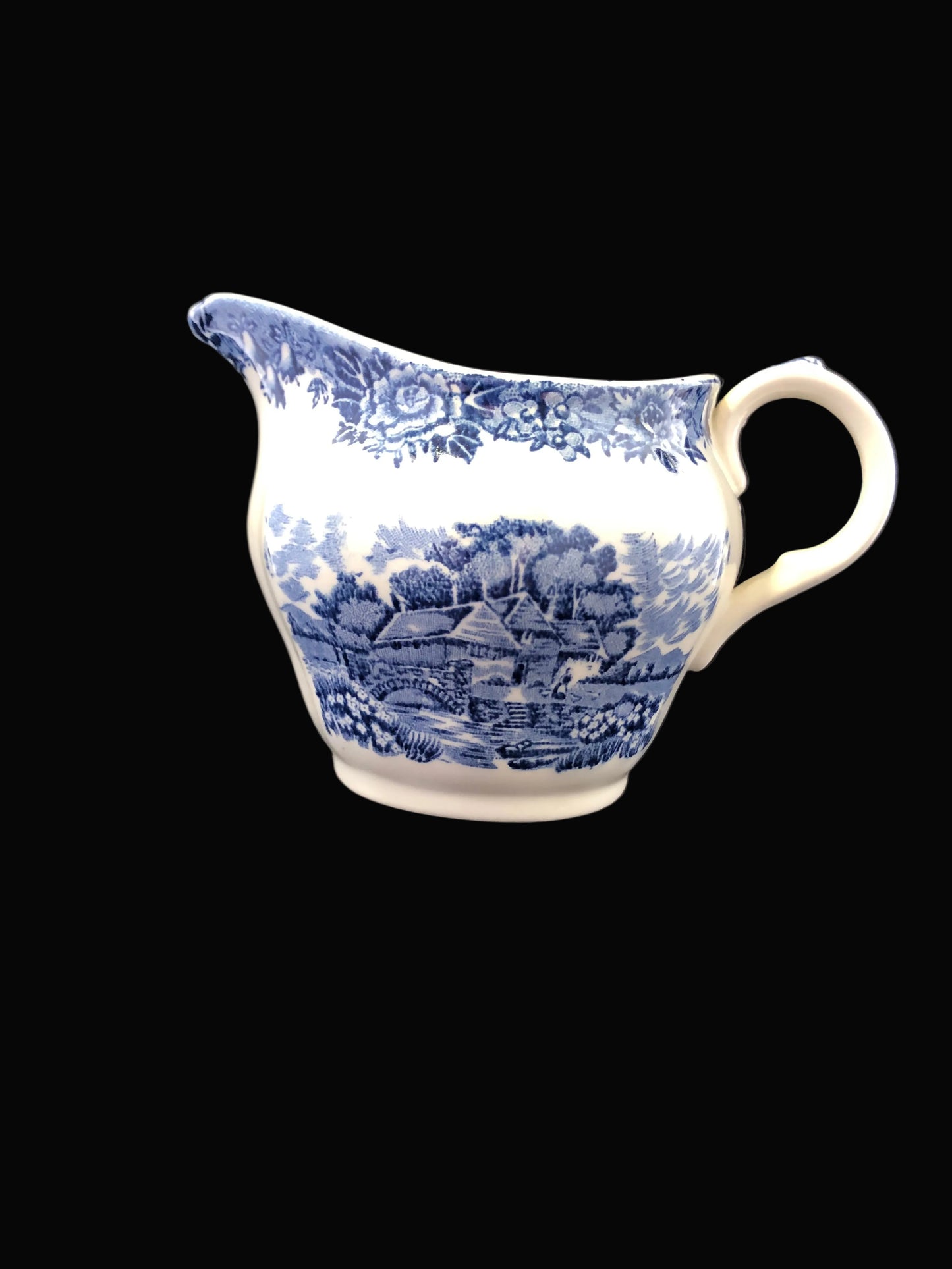 Vintage Staffordshire Blue & White Creamer – English Village Transferware Pitcher