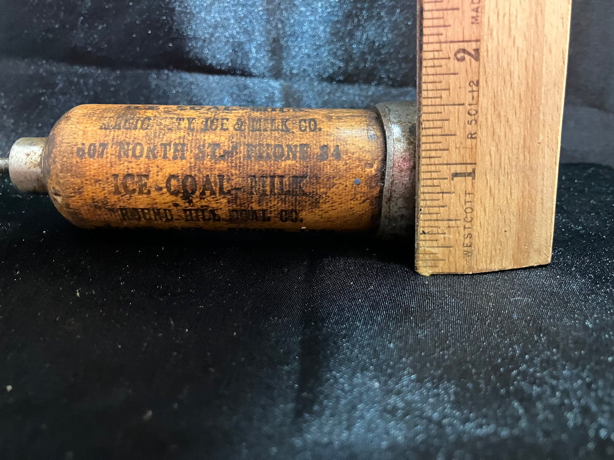 Vintage Advertising Ice Pick Round Hill Coal Co Magic City Ice Milk Co Endicott NY Primitive Wooden Handle Antique Americana Tool