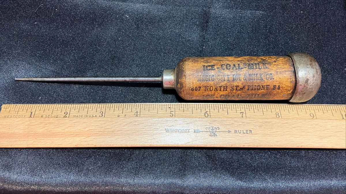 Vintage Advertising Ice Pick Round Hill Coal Co Magic City Ice Milk Co Endicott NY Primitive Wooden Handle Antique Americana Tool