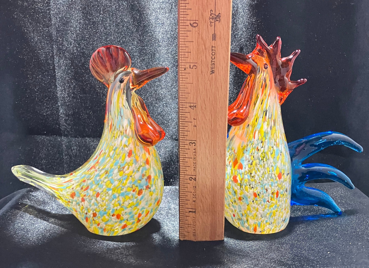 Vintage Murano Style Hand Blown Glass Hen & Rooster Paperweights – Confetti Glass Chicken Pair