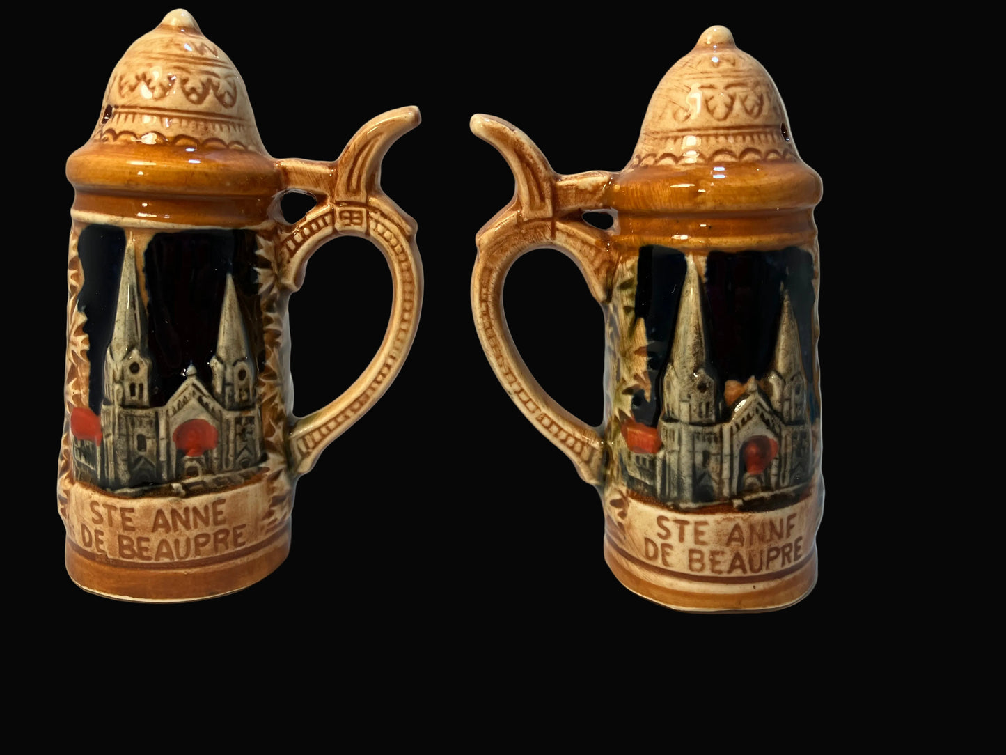 Vintage Sanyo Japan Chateau Frontenac Salt and Pepper Shakers, German Beer Stein Shape, Ceramic Souvenir Set, Mid Century Kitchen Decor