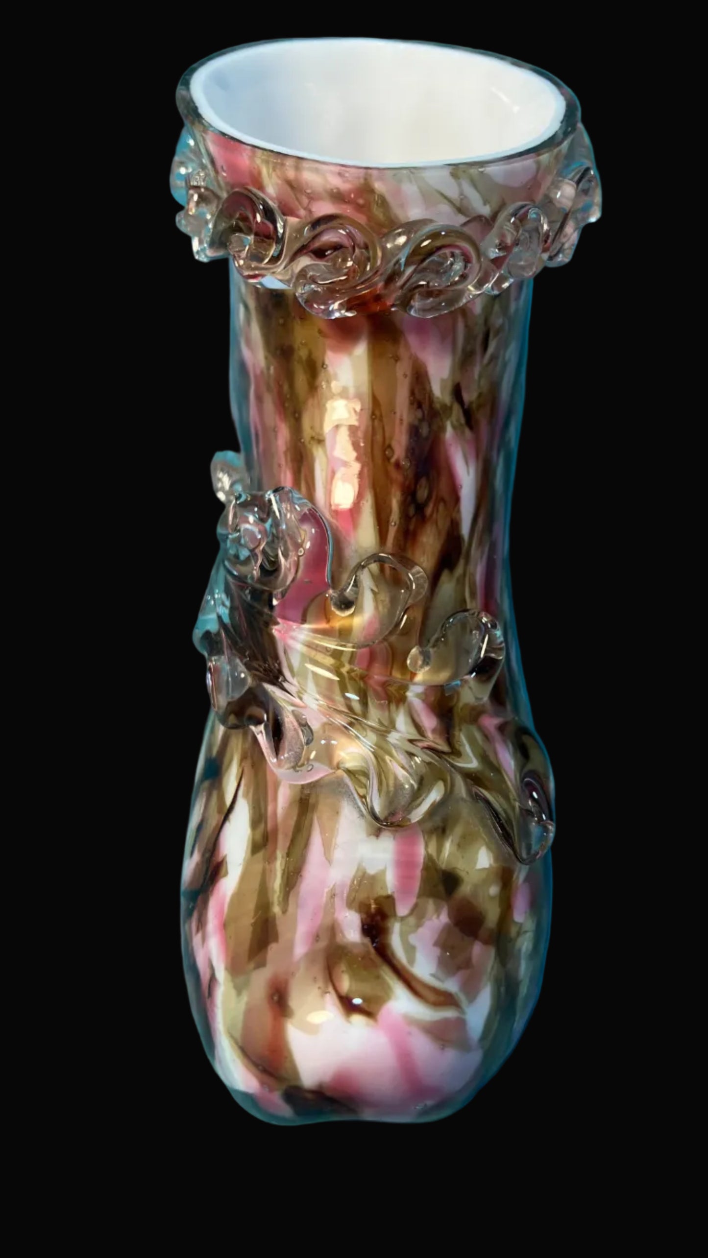 Antique Bohemian Glass Shoe Vase – Pink & Brown Splatter Glass