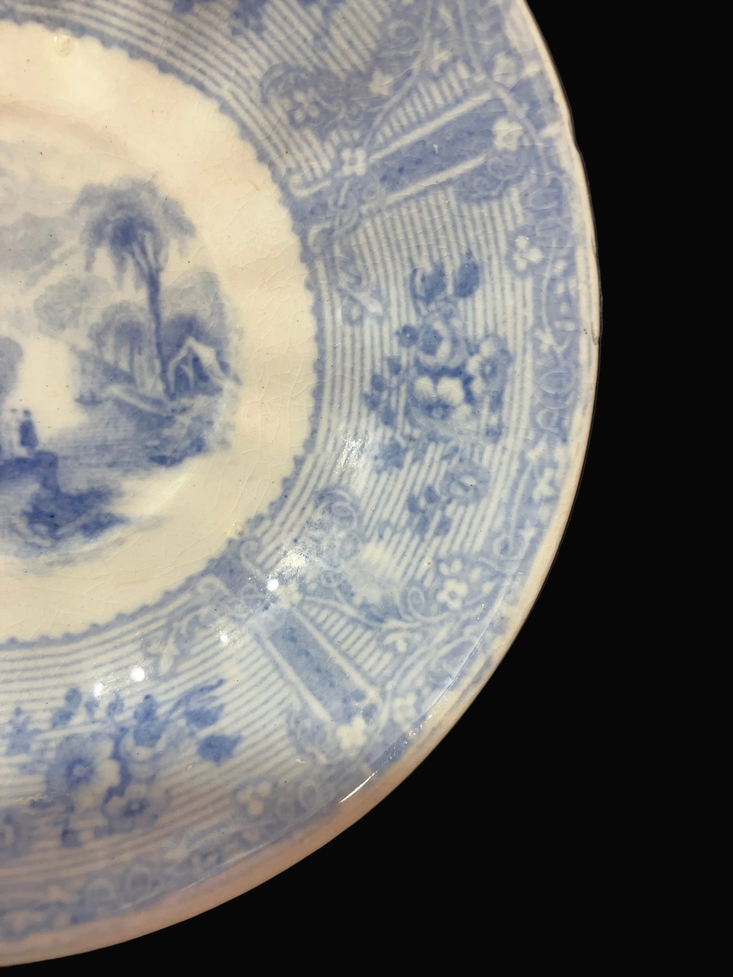 Antique Ontario Lake Pattern Porcelain Saucers – Set of 2 – Blue & White Transferware – Mid-1800s