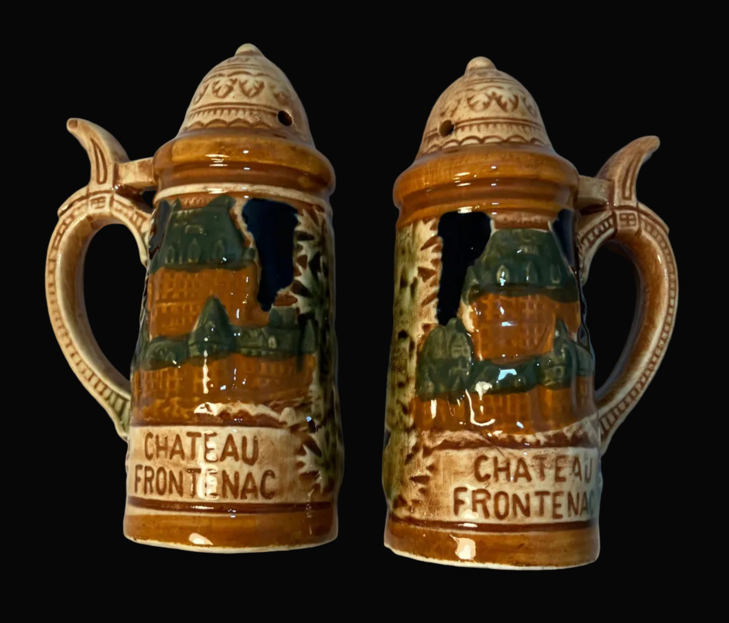 Vintage Sanyo Japan Chateau Frontenac Salt and Pepper Shakers, German Beer Stein Shape, Ceramic Souvenir Set, Mid Century Kitchen Decor