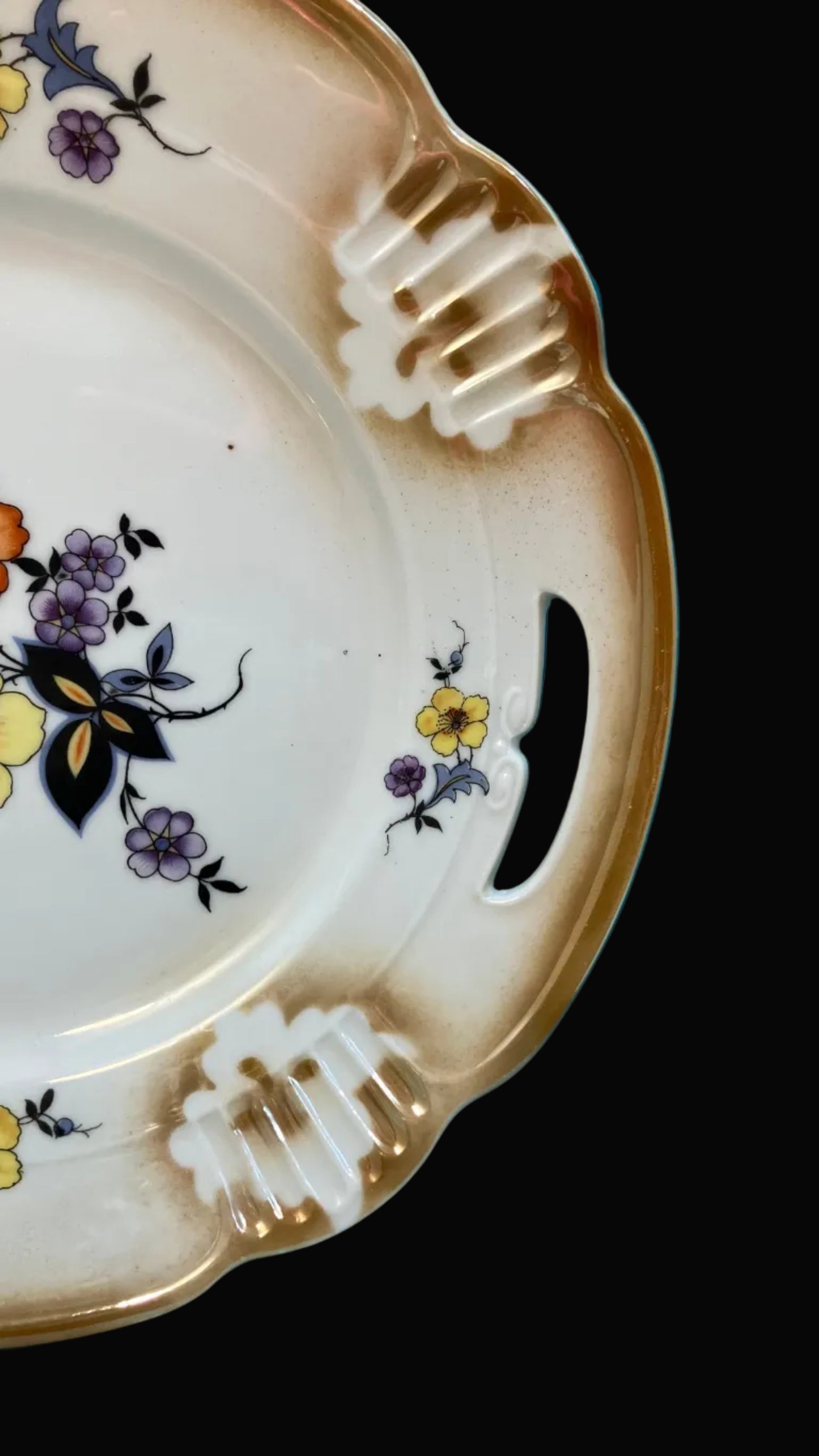 Vintage German Porcelain Dessert Plate with Handles – Antique Floral Serving Plate