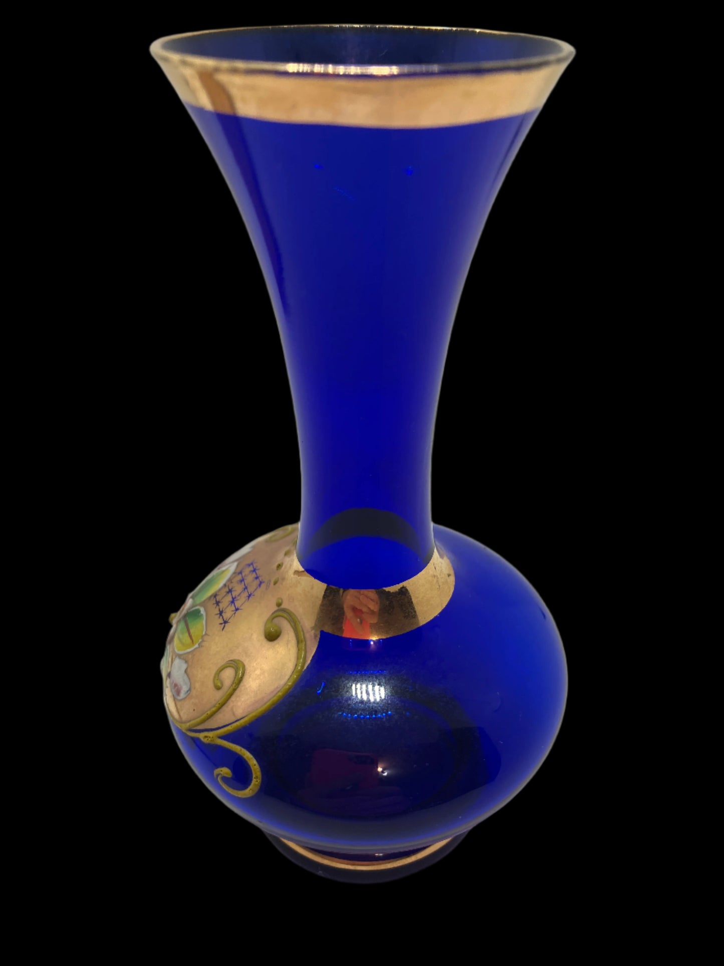 Vintage Bohemian Cobalt Blue Glass Bud Vase with Flowers