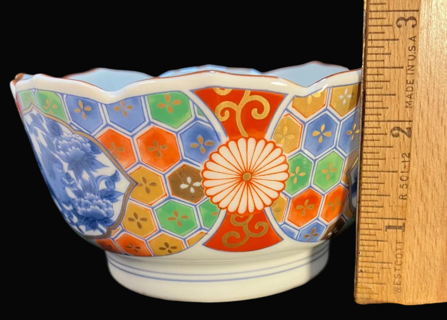 Vintage Imari Style Bowl, Japanese Porcelain Rice Bowl, Shishi Lion Dog Floral Design, Mid Century Japan, Kozan Gama Scalloped Bowl