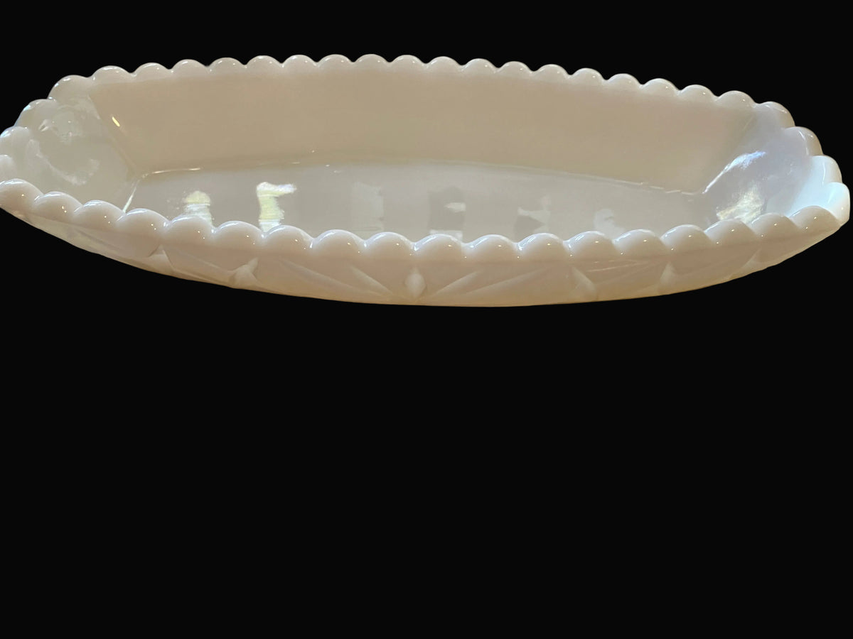 Vintage Hazel Atlas Pineapple Cut Milk Glass Celery Dish Platonite White Glass Mid Century Rectangular Serving Dish Trinket Tray 9.5 Inch