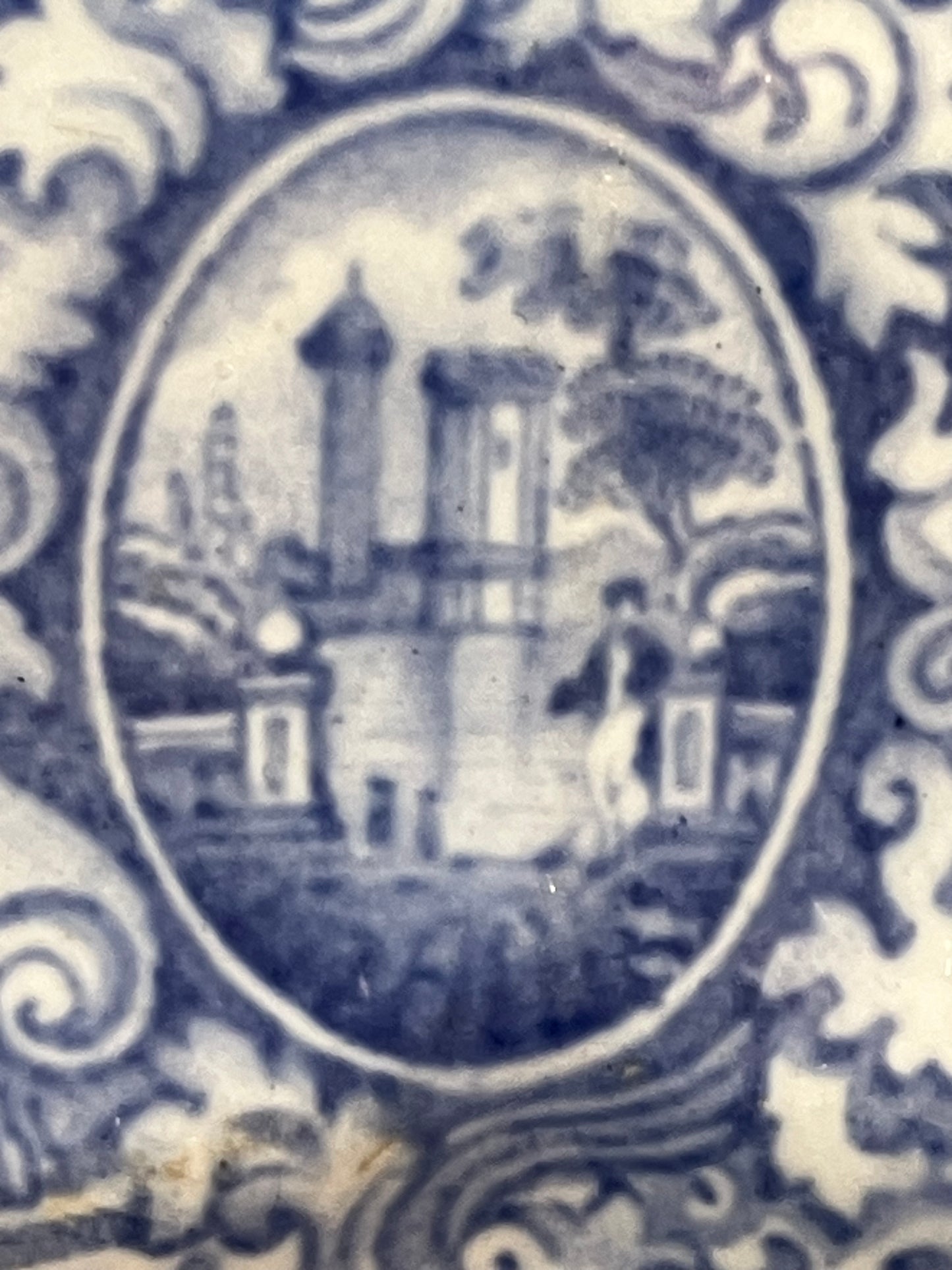 Antique E. Challinor Panama Dinner Plate – 1850s Ironstone – Blue & White Transferware