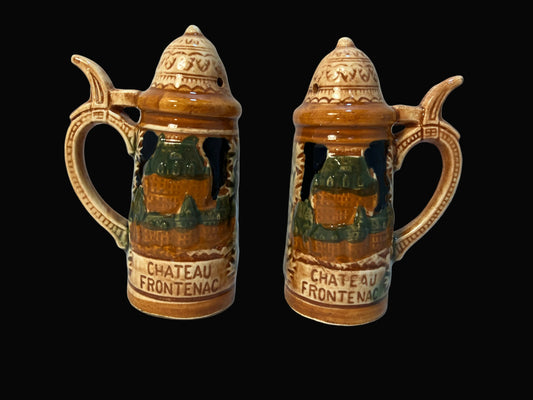 Vintage Sanyo Japan Chateau Frontenac Salt and Pepper Shakers, German Beer Stein Shape, Ceramic Souvenir Set, Mid Century Kitchen Decor