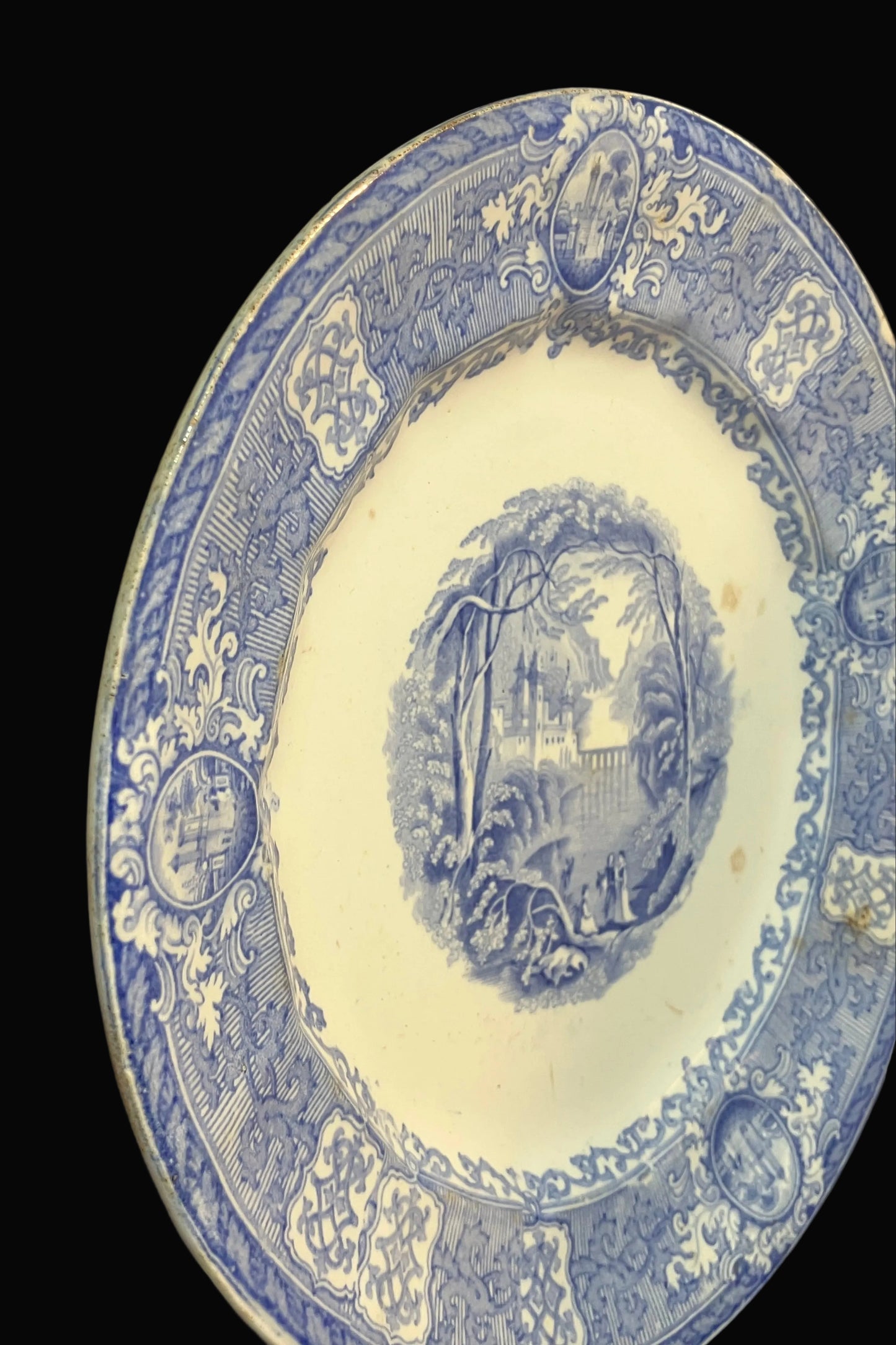 Antique E. Challinor Panama Dinner Plate – 1850s Ironstone – Blue & White Transferware