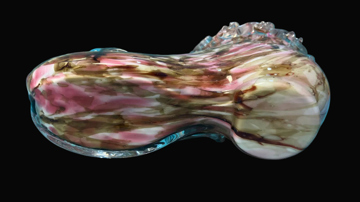 Antique Bohemian Glass Shoe Vase – Pink & Brown Splatter Glass