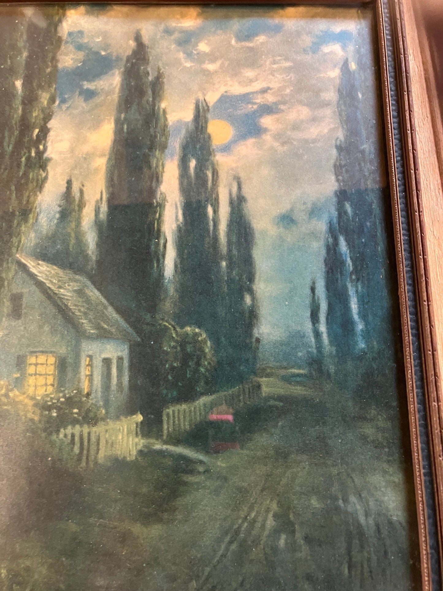 Vintage Framed Cottage Print – Moonlit Landscape – R. Atkinson Fox Style