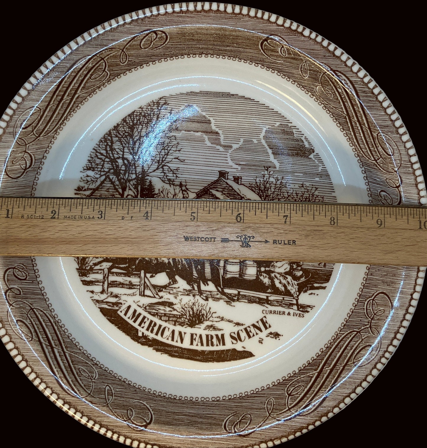 Vintage Jeanette Royal China Pie Plate – Currier & Ives American Farm Scene – 10"