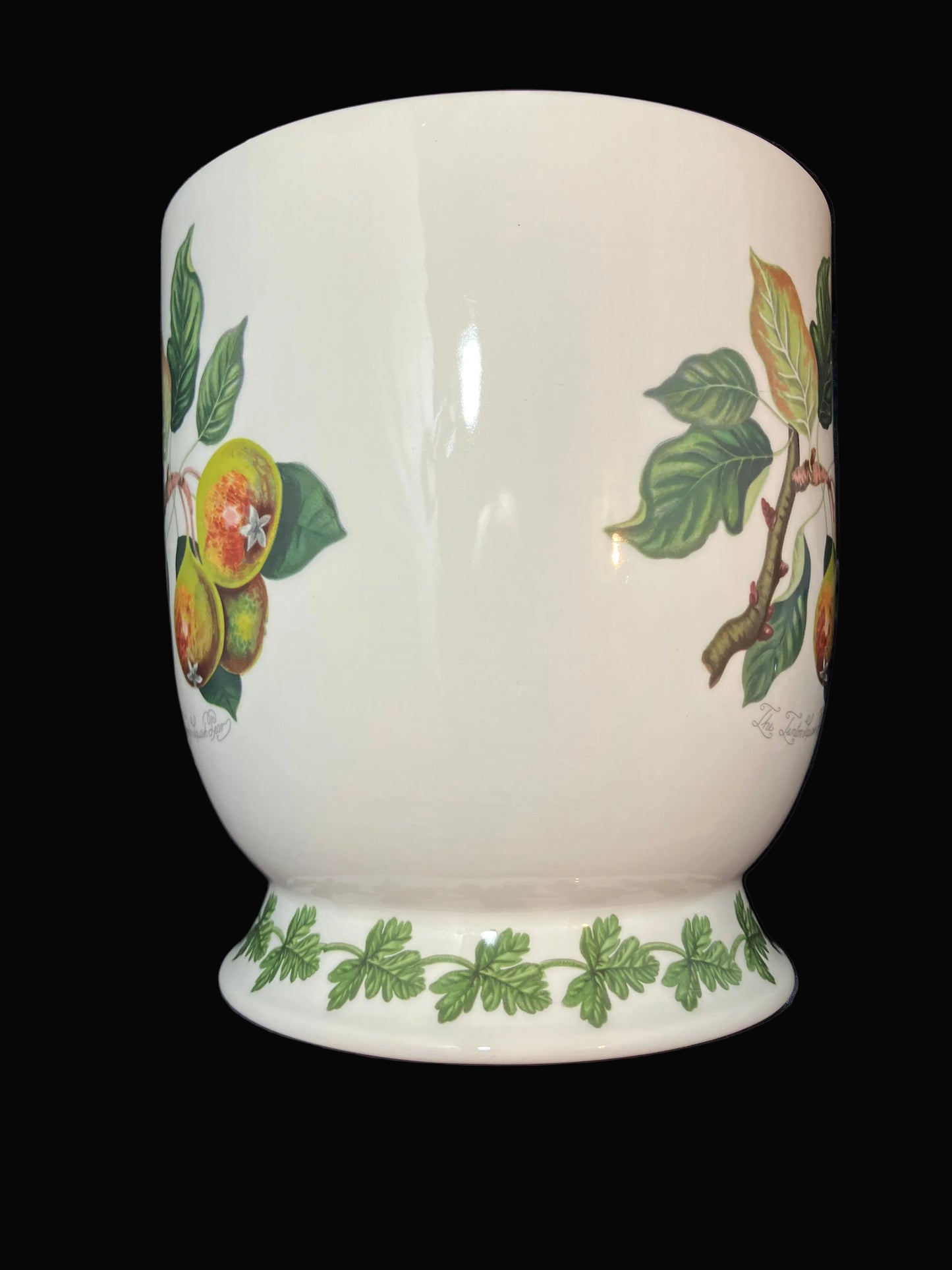 A white ceramic large cup shaped container with botanical illustrations of green leaves and yellow-orange pears.