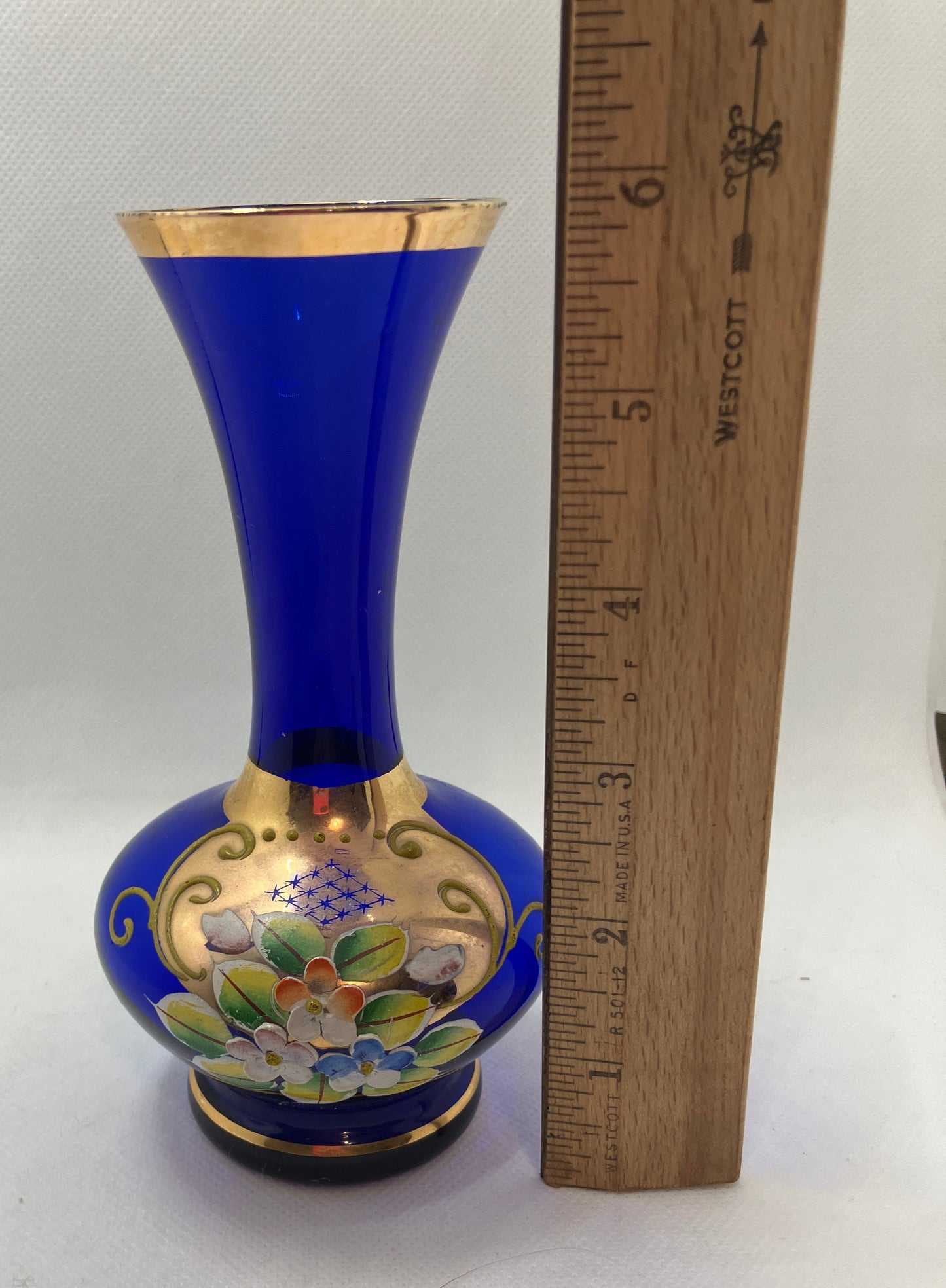 Vintage Bohemian Cobalt Blue Glass Bud Vase with Flowers