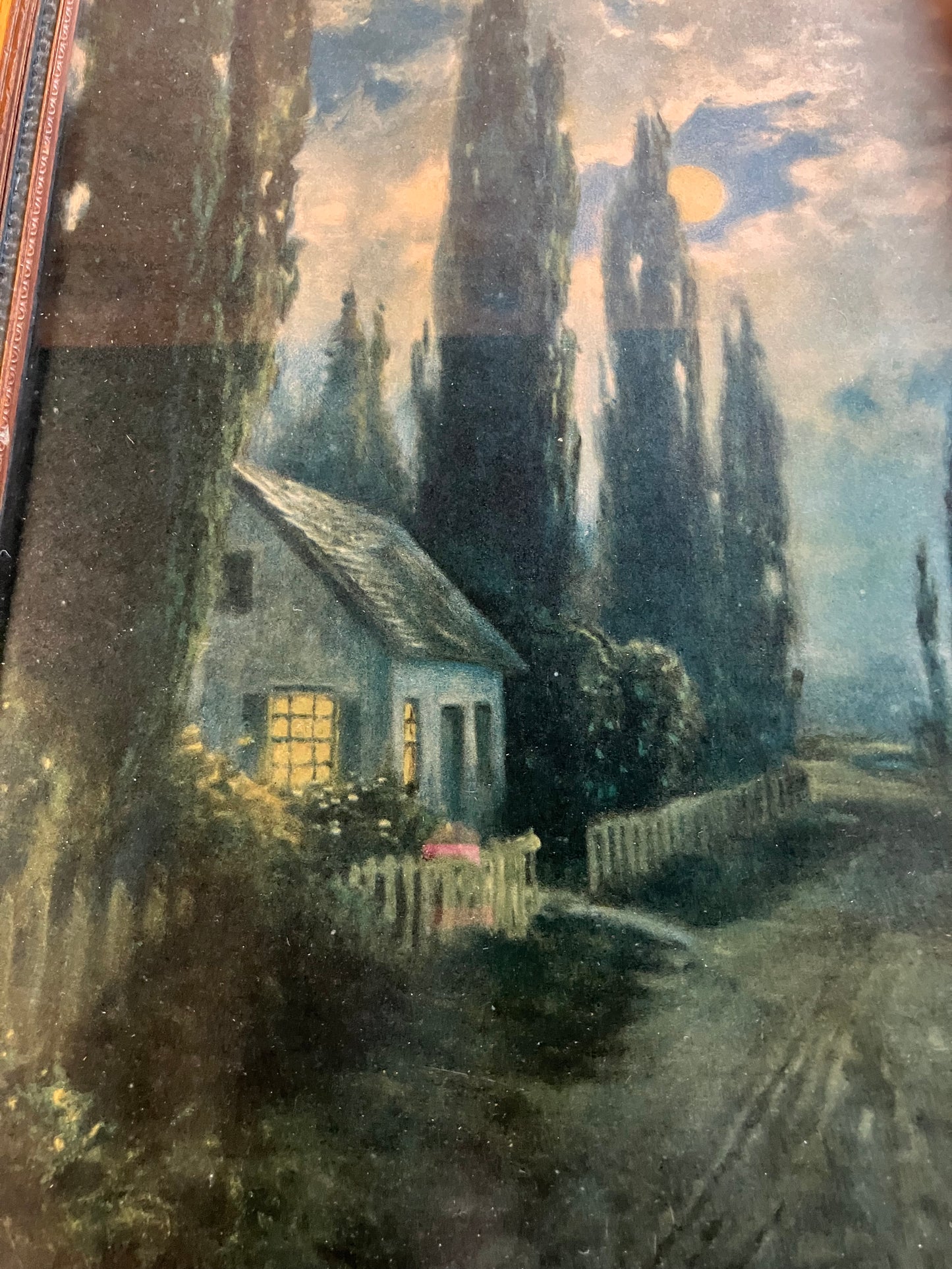 Vintage Framed Cottage Print – Moonlit Landscape – R. Atkinson Fox Style
