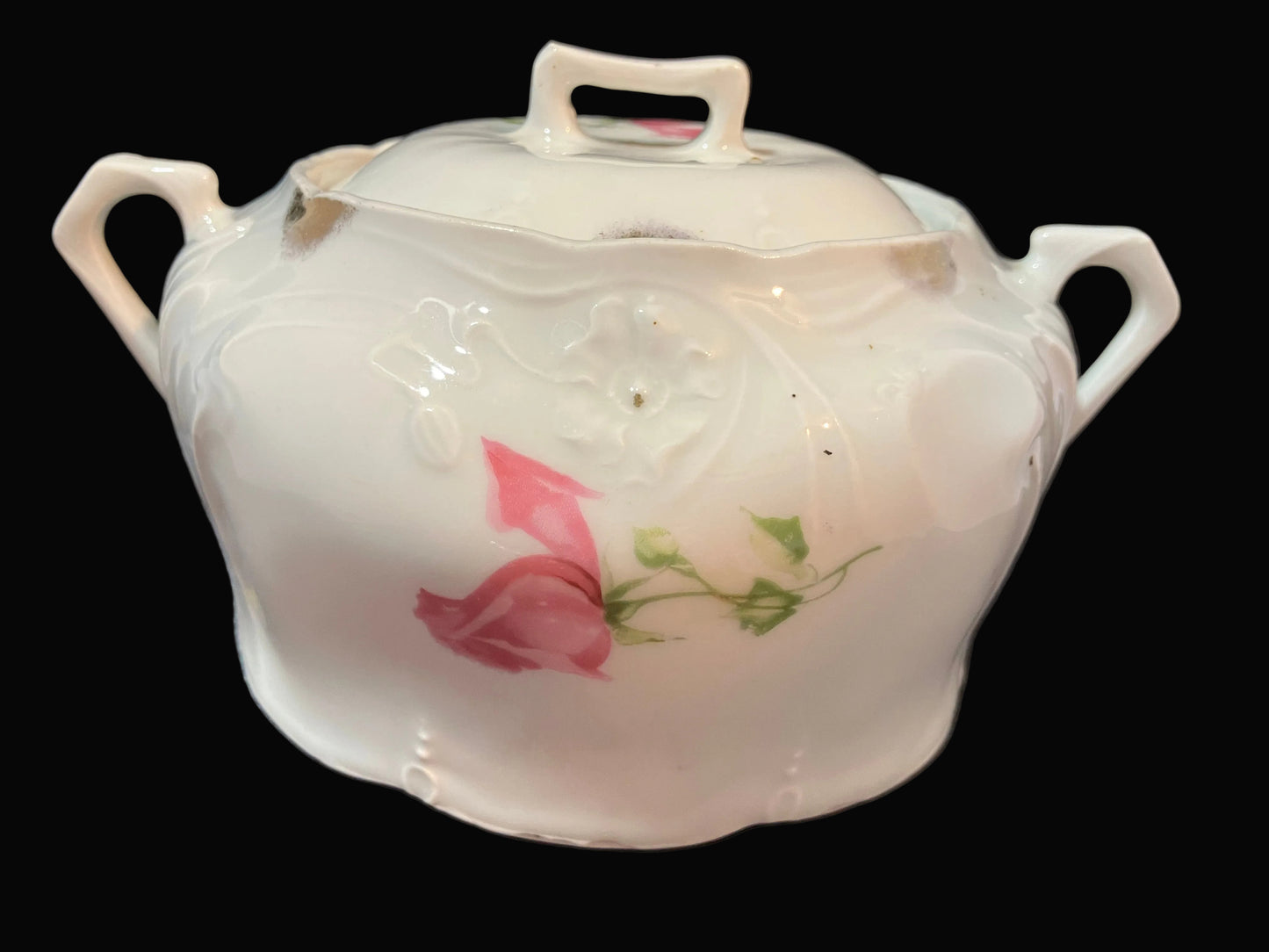 Antique Victorian Sugar Bowl with Lid – German Style Porcelain – Rose Floral Design