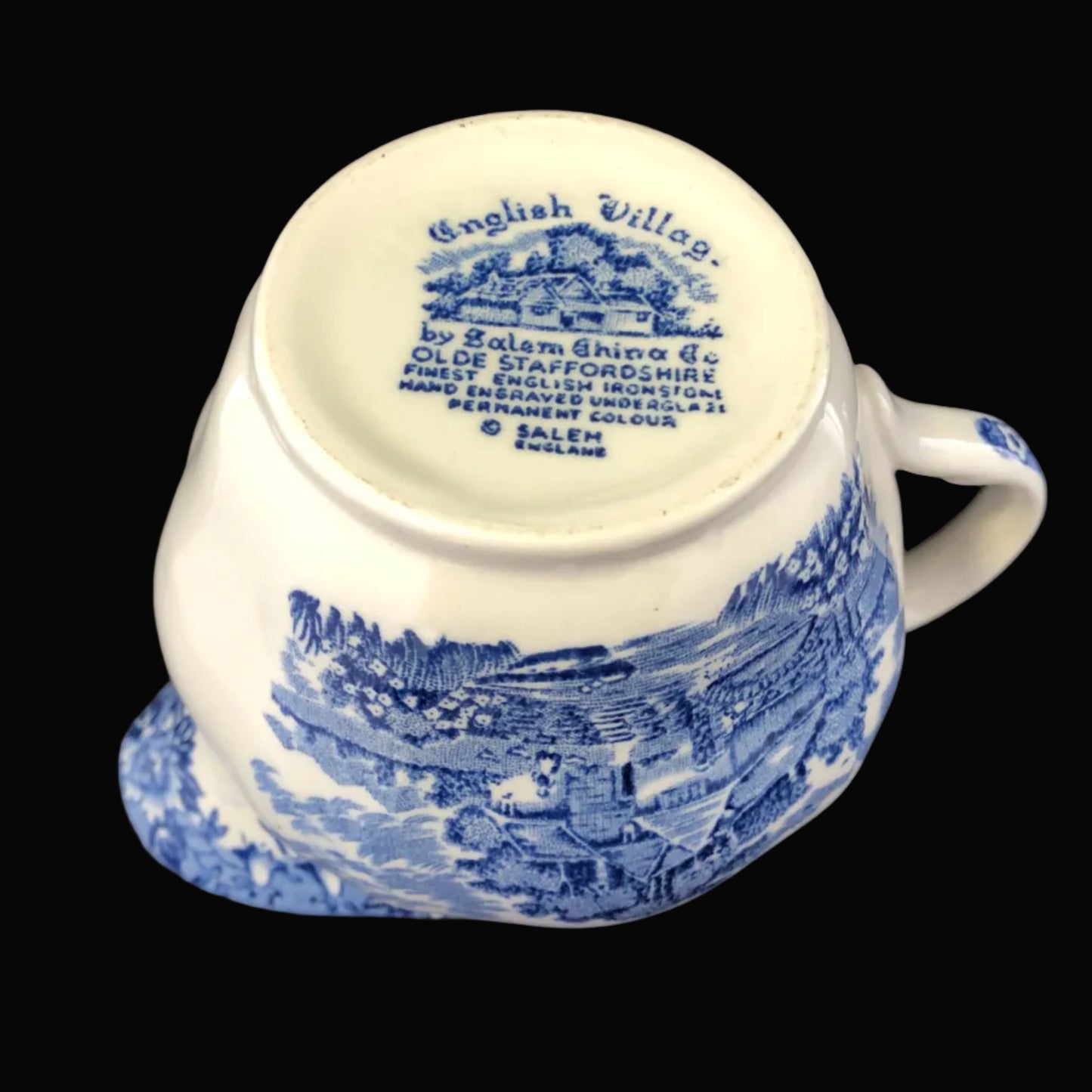 Vintage Staffordshire Blue & White Creamer – English Village Transferware Pitcher