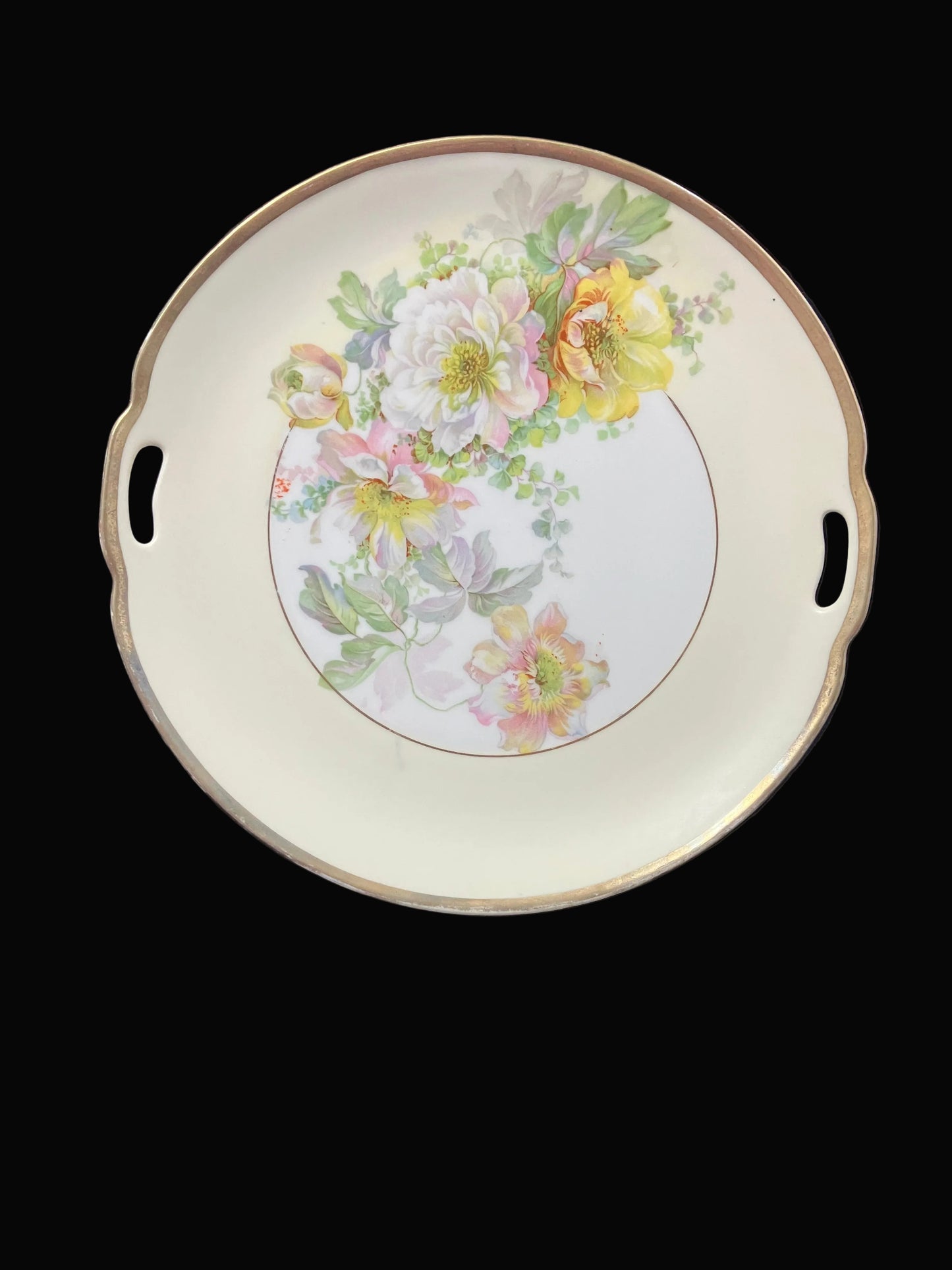 Antique Donath Prussia Cake Plate with Handles – Red Griffin Mark – Yellow & Cream Roses – 9 Inch Porcelain Serving Plate