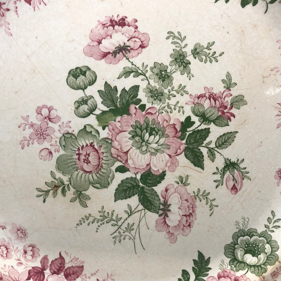 Antique Plate with Pink and Green Transferware